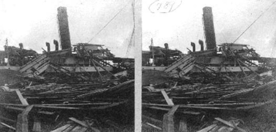 G-1771FF2.1-2 One of the many wrecks in the harbor the morning after the [hurricane] of Sept 8/1900
