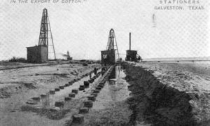 G-5925.1FF1-3 THE GALVESTON SEAWALL."  " LAYING THE FOUNDATION - 3 ROWS OF 50 FT. PILING, AND 1 ROW SHEET PILING.