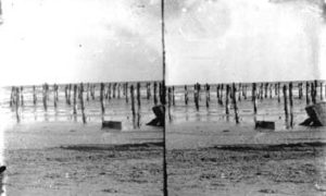 SC#194-35 View of beach and pilings in water.