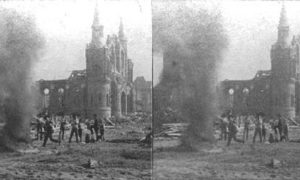 SC#79-18 Burning Bodies, 14th Street and Broadway, Sacred Heart Church in Background, Galveston