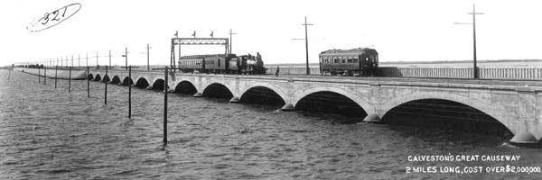 Photograph labeled Galveston's Great Causeway 2 miles long 