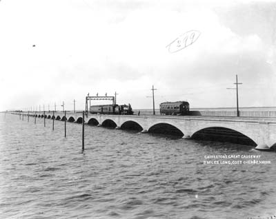 Photograph labeled Galveston's Great Causeway 2 miles long