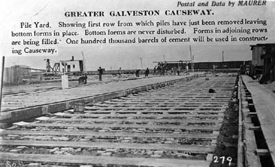 Photograph labeled Greater Galveston Causeway. Pile Yard 