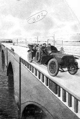 Photograph of automobile with passengers crossing causeway