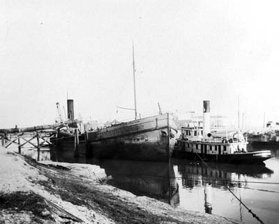 Photograph of dredge Leviathan discharging fill