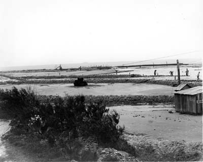 Grade Raising, Photograph of workmen building embankments along beach to hold fill 