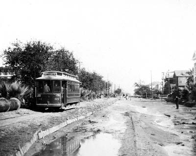 Photograph of streetcar proceeding wesward along Avenue J