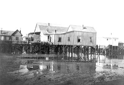 Photograph of raised small frame houses awaiting fill 