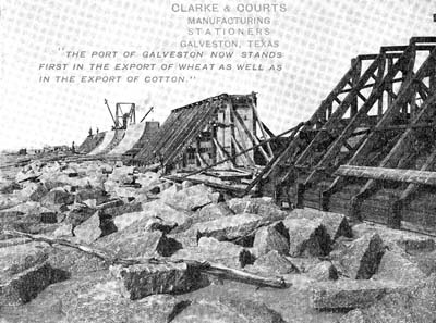 Photograph labeled The Galveston Seawall. The Sections Are Completed Alternately 