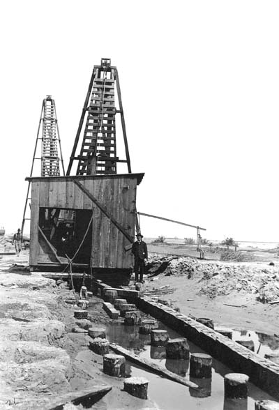 Seawall, Photograph of workman standing to one side of pile driver on beach 