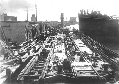 Photograph of barge loaded with bodies which were taken intoGulf of Mexico and dropped overboard, Galveston, Texas