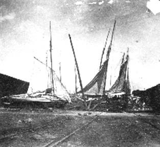 Photograph of wrecked sailing vessels washed ashore