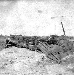 Photograph of wrecked freight car