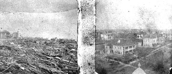 Photographs of debris and houses