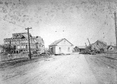 Photograph labeled Ruins of Orphans Home, Center street