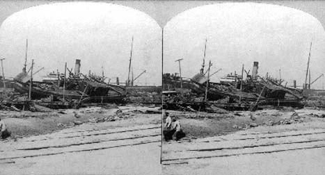 Stereo card labeled Pier 16 and Relief Boat