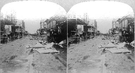 Stereo card labeled the path of desolation wraught by the great storm