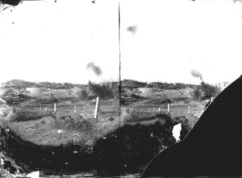Stereo glass negative of freshly dug graves