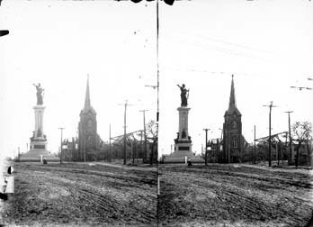 Stereo glass negative of Texas Heroes Monument and ruins