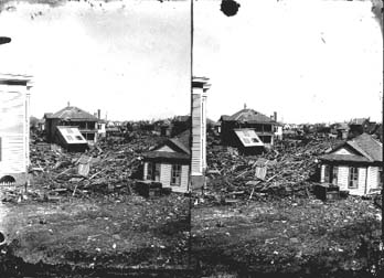 Stereo glass negative of severely damaged residential area