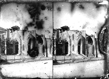 Stereo glass negative of First Baptist Church, damaged