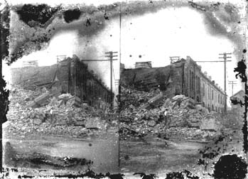 Stereo glass negative of wrecked business establishments