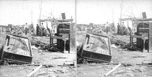 Stereo card of two pianos and debris