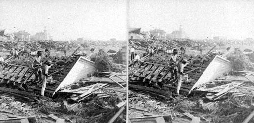Stereo card of workers removing boards from roof