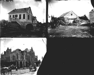 Glass negatives of wrecked houses and Masonic Hall