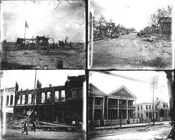 Glass negatives of debris and workers