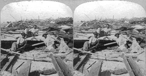 Stereo card labeled Galveston Disaster. Survivors from flood on Mallory wharf