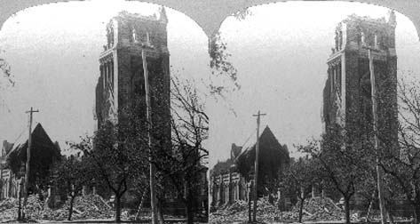 Stereo card labeled the  path of desolation, wraught by the great storm at Galveston