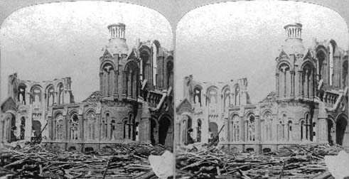 Stereo card labeled Galveston Disaster. Ruins of Sacred Heart Church