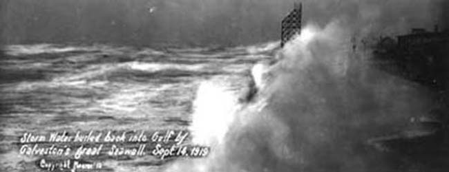 Storm Water hurled back inot Gulf by Galveston's great Seawall