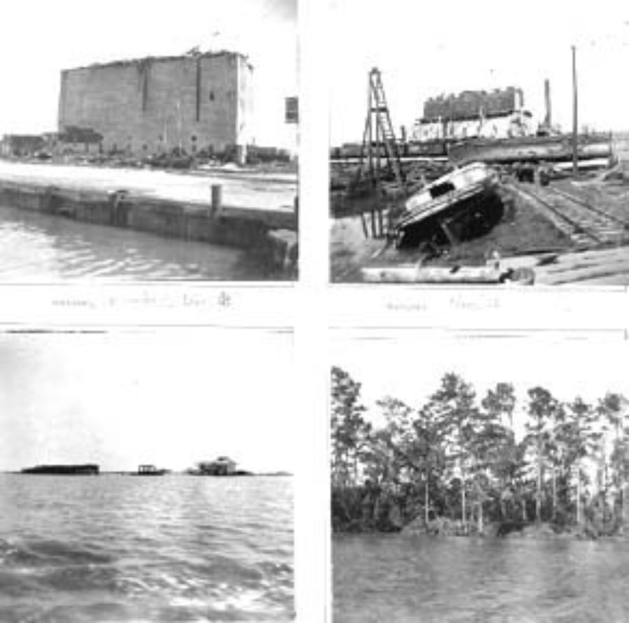 G-1771FF13.1-3 "Wrecked Elev. 'B'" (upper left).  "Elev. 'A.'"  (upper right).   Quarantine Station (lower left).  Bayou (lower right).