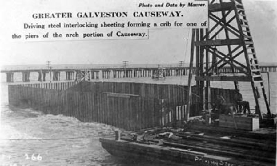 G-18221FF2-2 Greater Galveston Causeway.  Driving steel interlocking sheeting forming a crib for one of the piers of the arch portion of Causeway.